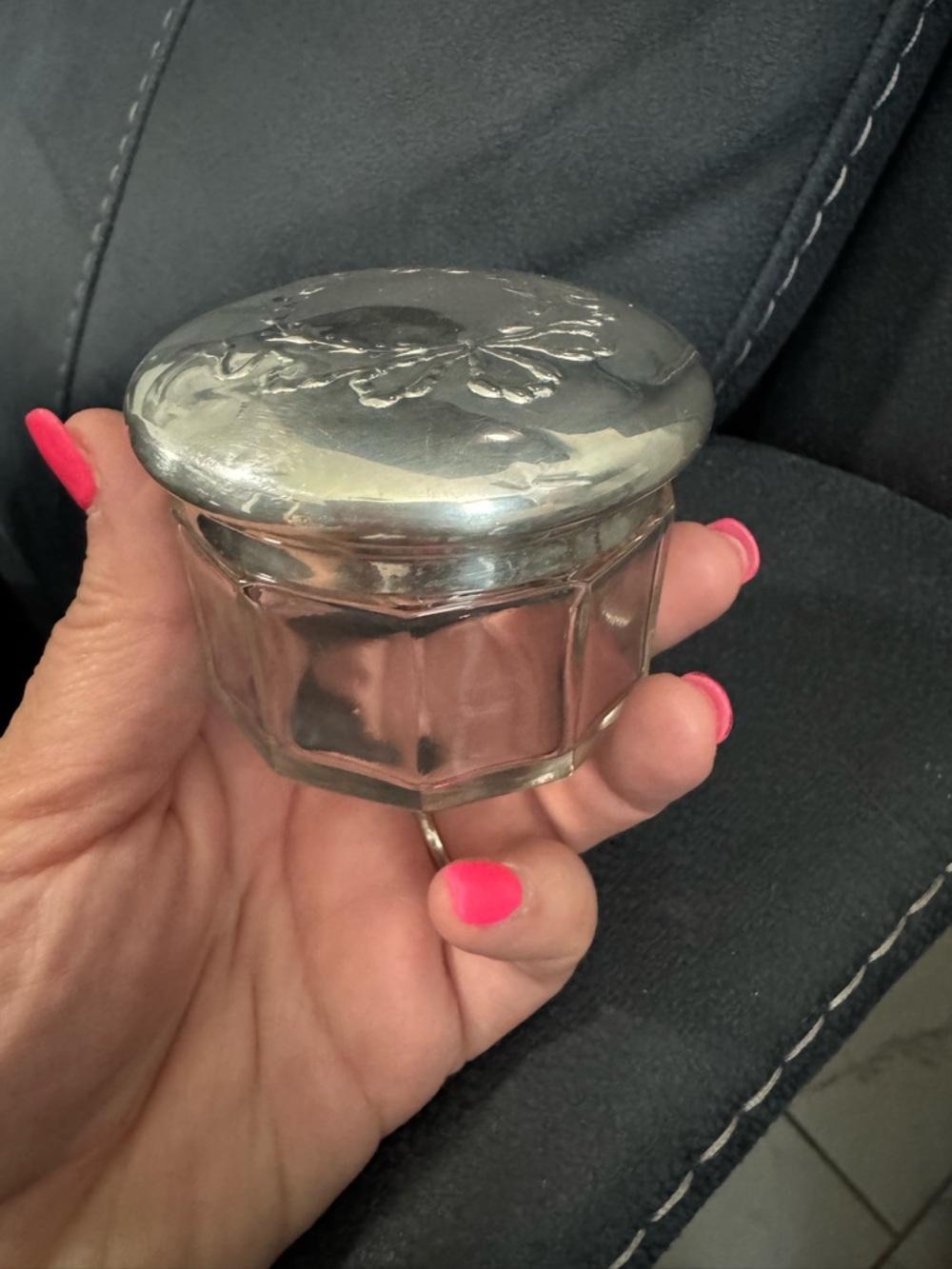 Sterling Silver plated Glass Trinket Jar with Floral Lid